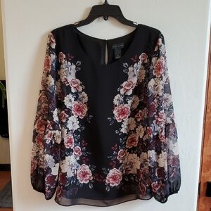 Black Floral Print Chiffon Blouse Boho XL